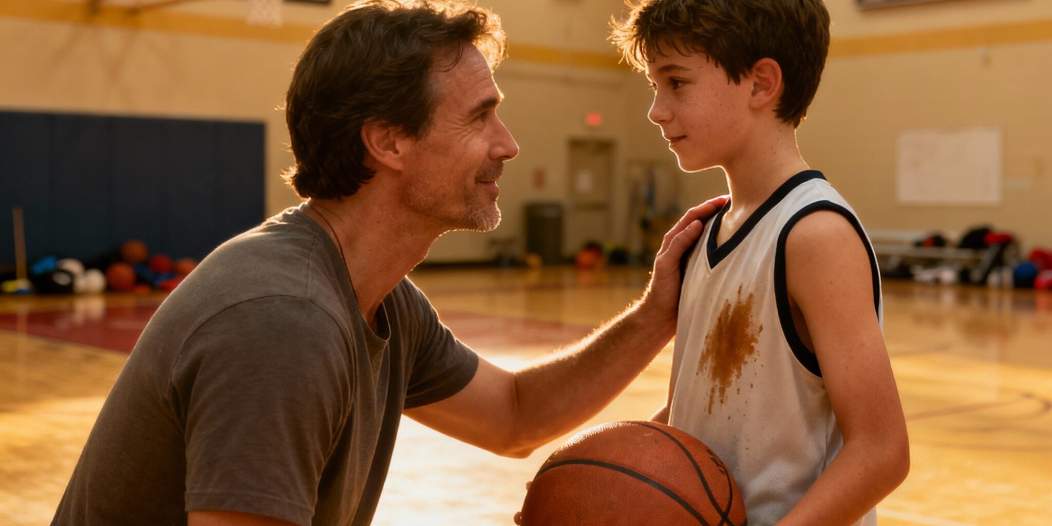 postgame-conversation-youth-sports.jpg parent talking to young athlete after game with supportive encouragement