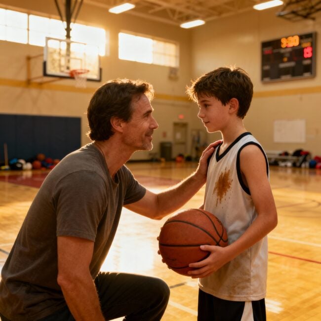 parent talking to young athlete after game with supportive encouragement